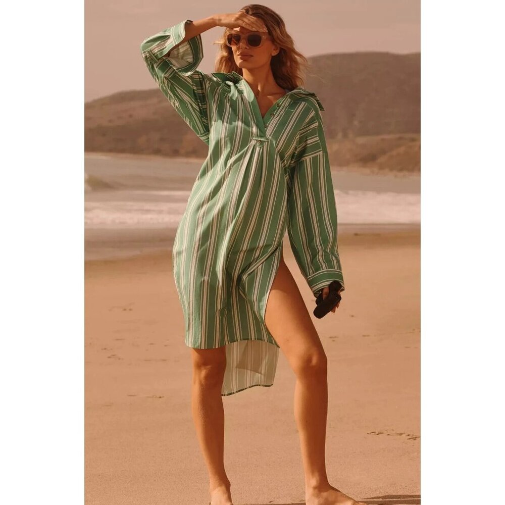 Anthropologie Green and White Striped Midi Shirt Dress